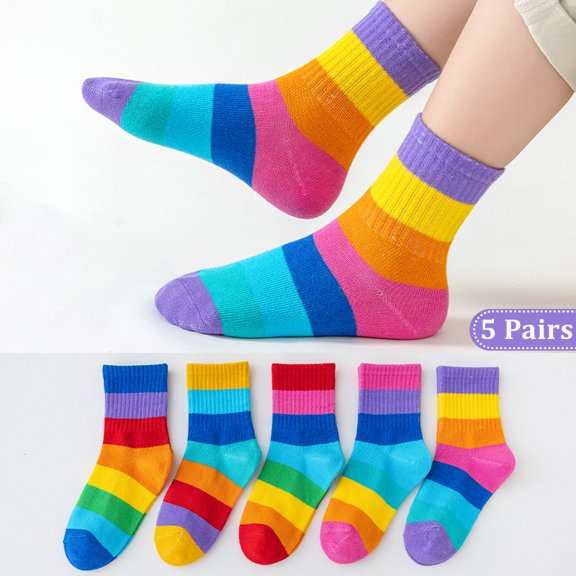 5 Pairs/Lot Children's Rainbow Socks Spring Autumn Coft Cotton Cute 7 Color Rainbow Stripes Boys Girls Sports Tube Socks to 1-12 Rainbow M(3-5Years Old)