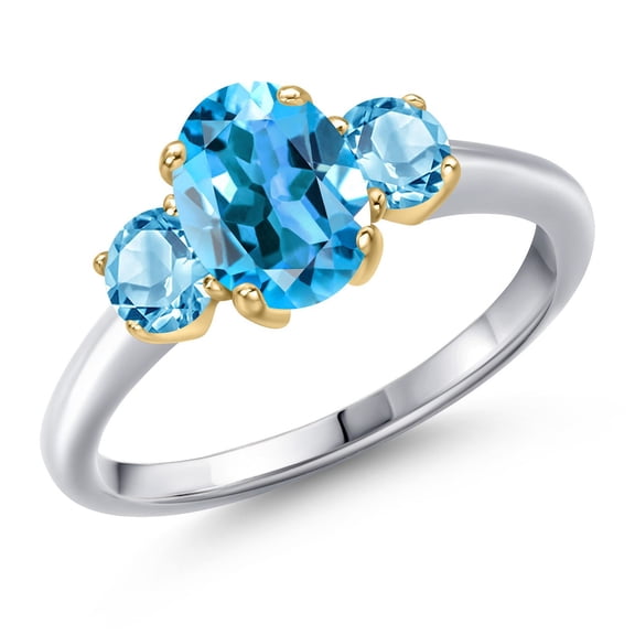 Gem Stone King 925 Silver and 10K Yellow Gold Swiss Blue Topaz Engagement Ring for Women | 2.21 Cttw | Oval 8X6MM | Gemstone November Birthstone | Size 7