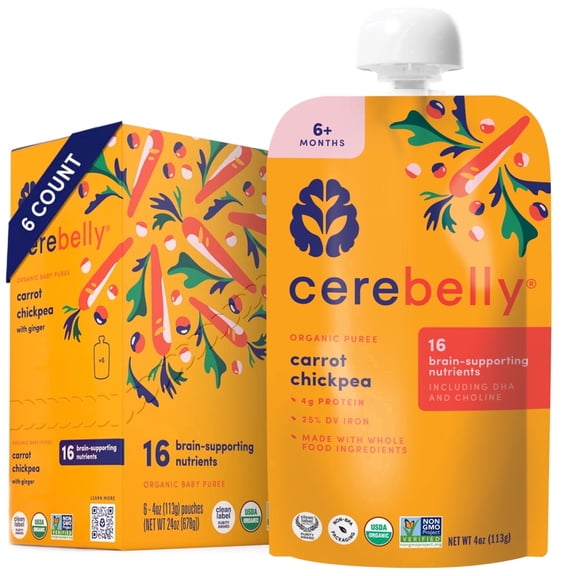 Cerebelly Organic Baby Food, Carrot Chickpea with Ginger, 4 oz Puree Toddler Pouches, 6 Pack