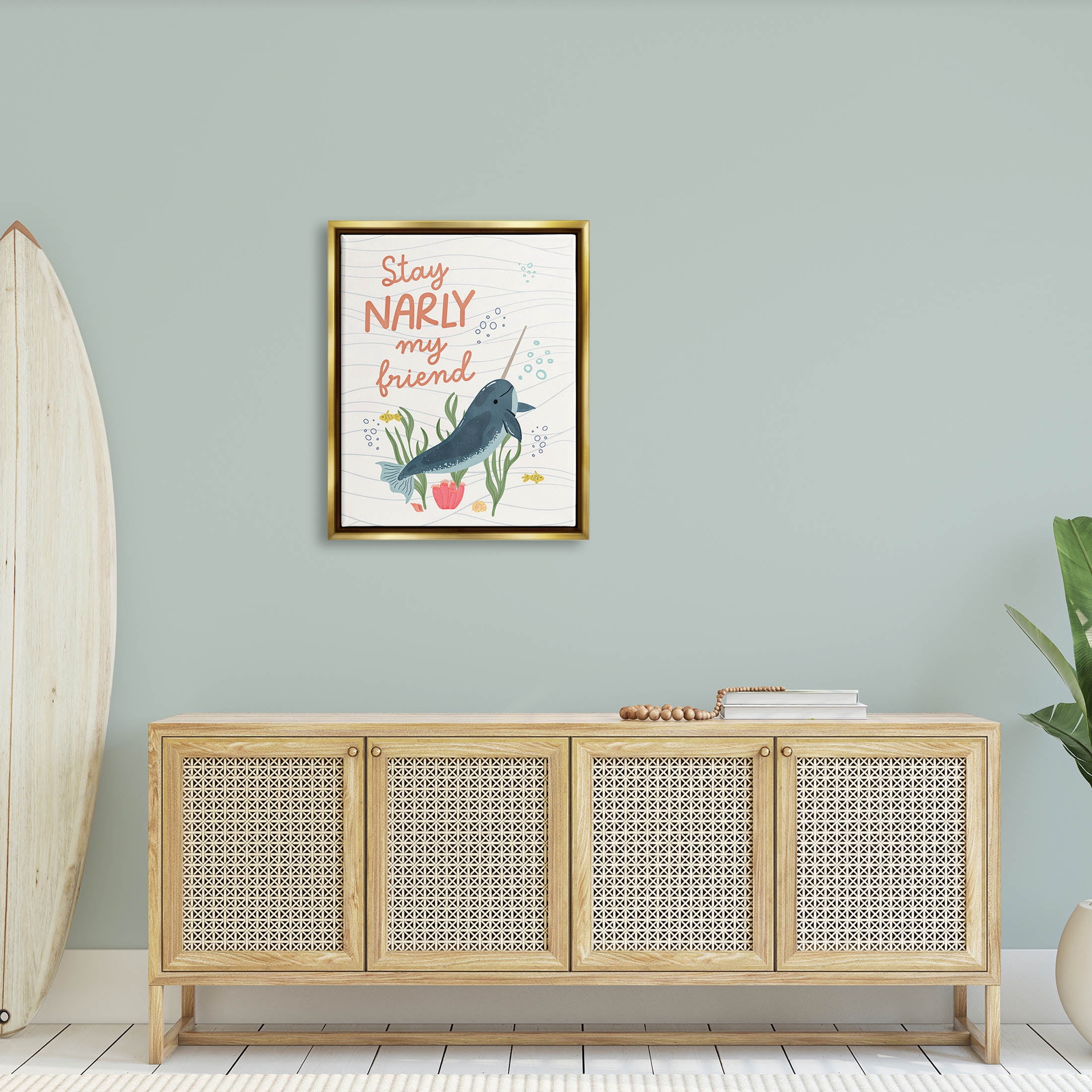 Stupell Industries Stay Narly My Friend Narwhal Graphic Art Metallic Gold Floating Framed Canvas Print Wall Art, Design by Nina Blue