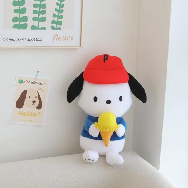 Sanrio Pochacco-almohada de peluche Kawaii para niñas, muñeco de peluche de 25cm/35cm, Serie de juguetes, cachorro, perro, muñeco enchufado, decoración de habitación, regalo de cumpleaños y vacaciones