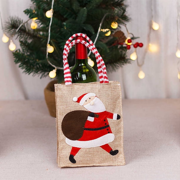 Bolsa de regalo navideña de lino | Pequeña bolsa reutilizable para dulces | Papel de regalo ecológico y sostenible para Nochebuena | Bolsa de regalo con estampado festivo para cumpleaños, fiestas y