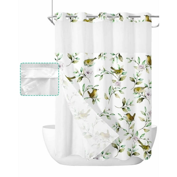 No Hook Shower Curtain with Snap in Liner, Robins Branch Flowers Summer Floral Watercolor Hotel Shower Curtains for Bathroom, Washable Shower Curtain Liner Set with Mesh Top Window, 60"x72"