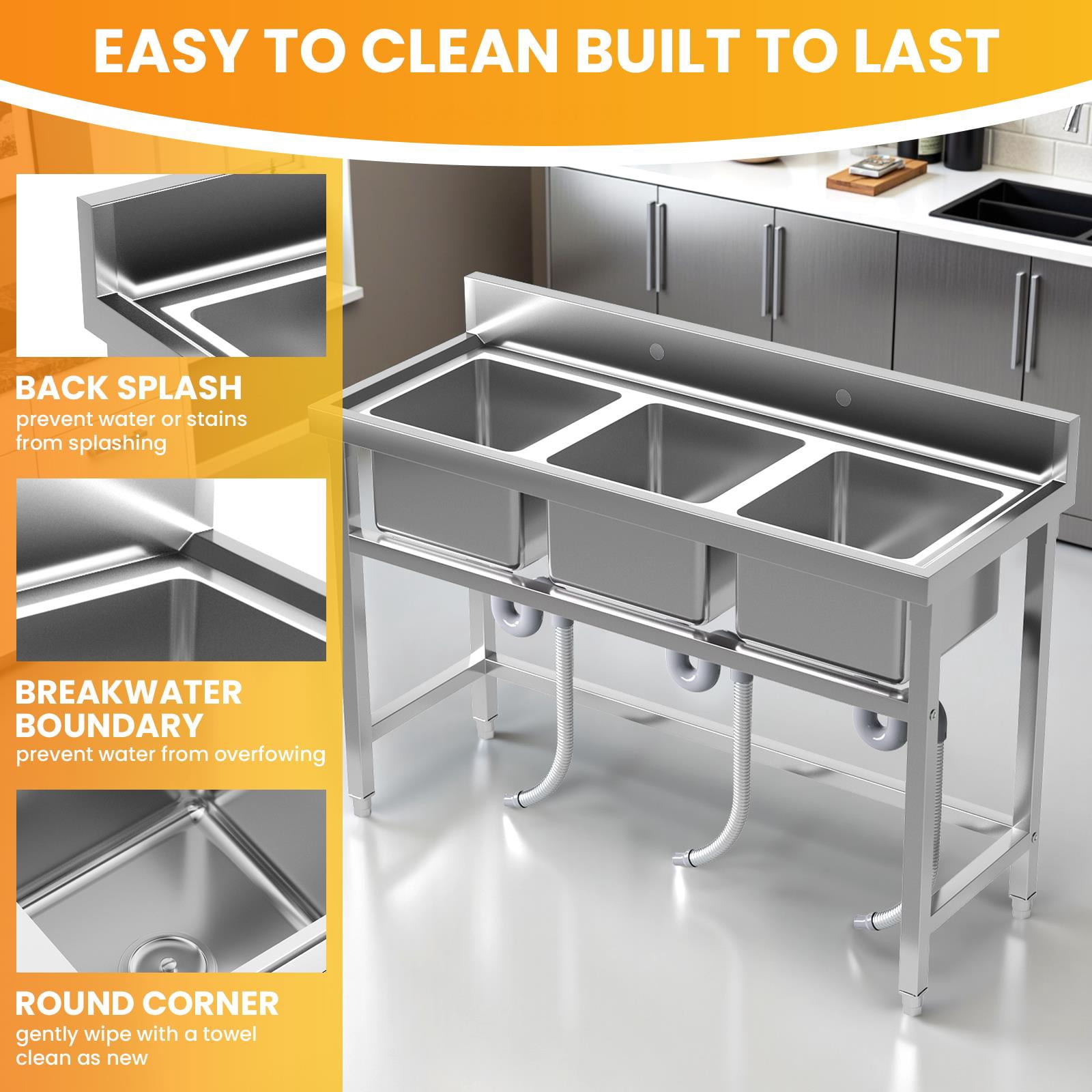 Zhuotong51" 3-Compartment Commercial Sink, Heavy-Duty Stainless Steel Free Standing Sink with Backsplash, Utility Sink for Restaurant, Kitchen & Garage