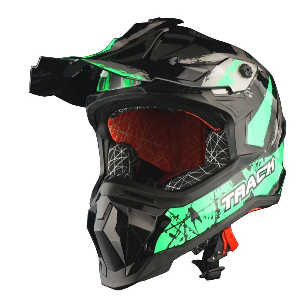 1Storm Adult Motocross Helmet ATV Dirt Bike BMX MX Downhill Mountain Helmet Track Style JH601; Track Green + Goggles + Skeleton Green Glove Bundle
