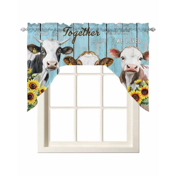 Farmhouse Cow Swag Valances for Windows, Small Curtains Drapes, Cabin Sunflowers Animals Blue Wooden Grain Kitchen Window Curtains Over Sink Window Treatment Valance for Bedroom/Bathroom 56"x36"