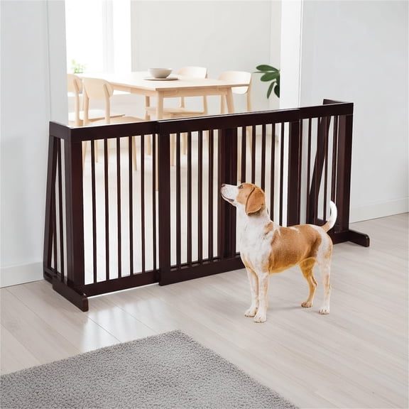 Pefilos 20"-80" Adjustable Wooden Dog Fence Indoor, Freestanding Pet Gates for Dogs, Step Over Dog Gate Extra Wide for House, Doorways, Stairs, Brown