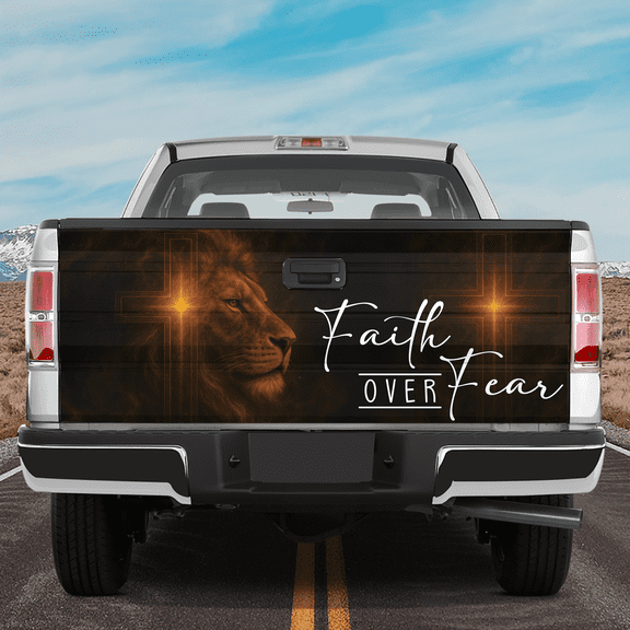 Lotusprinthandmade Faith-Based Lion and Jesus Tailgate Wrap 2 Sizes (24"x58"), christian lion and jesus wrap, jesus and lion truck decal, religious lion tailgate wrap