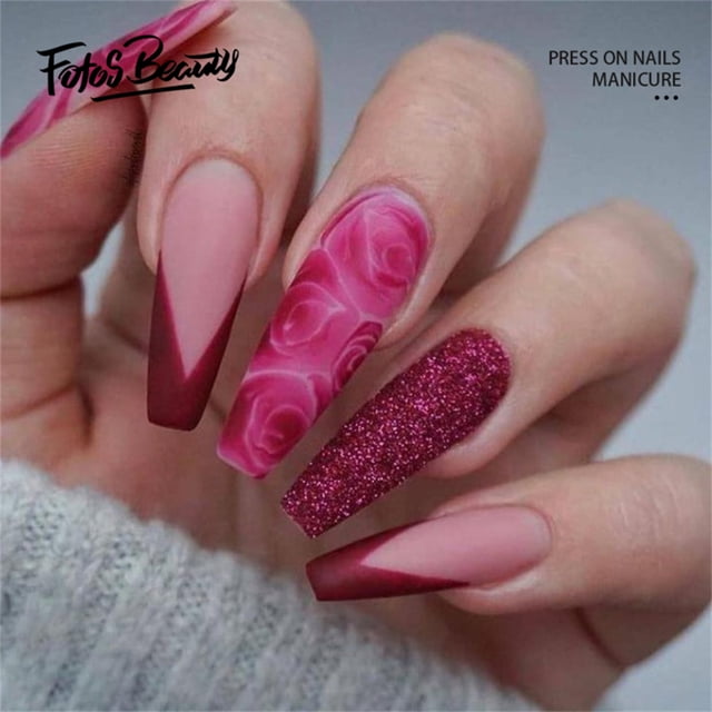 Christmas Decoration Fofosbeauty False Nails,Coffin Press on Nails Tips Design,Misty Rose