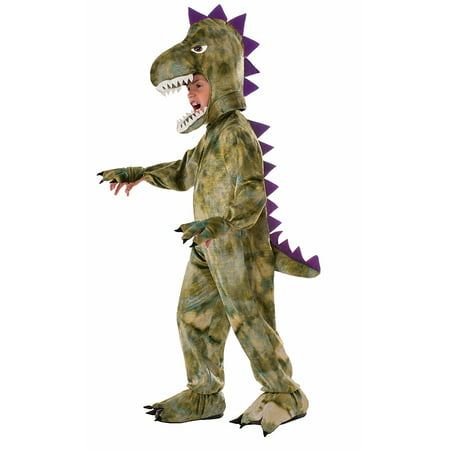 Kids Dinosaur Costume, Green, Small, Full body dinosaur costume including hood, jumpsuit, shoe covers, and mitts By Forum Novelties