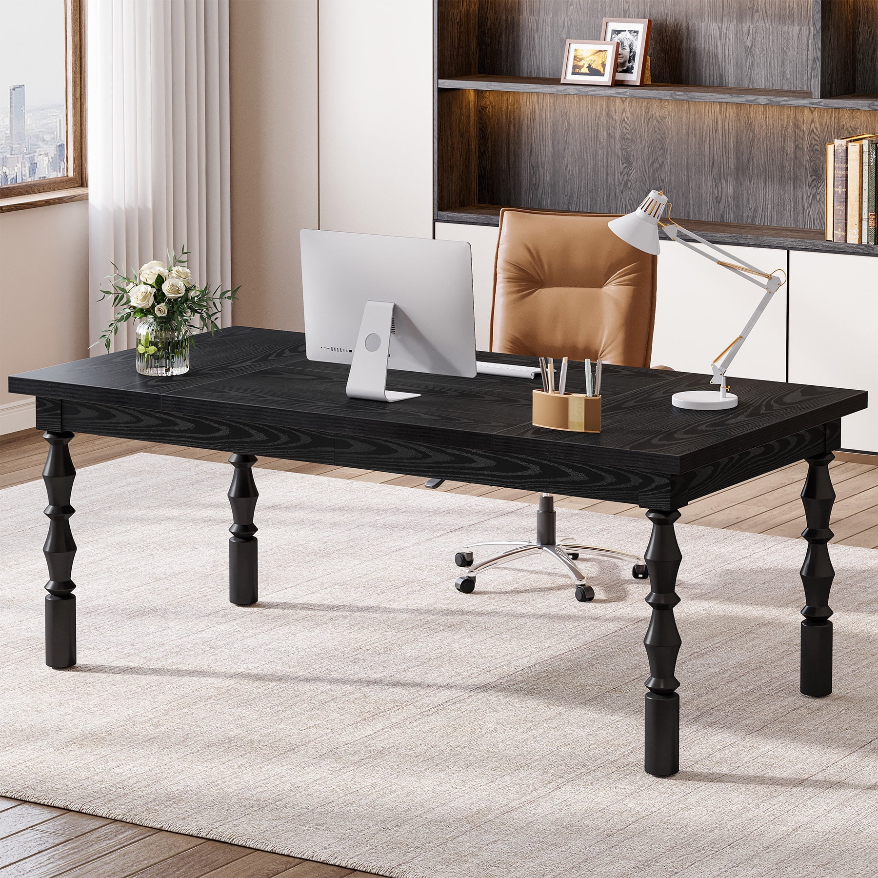 Tribesigns 62.2-Inch Large Wood Executive Desk, Farmhouse Style Writing/Study Table, Business Office Workstation Furniture with Carved Turned Legs, Black
