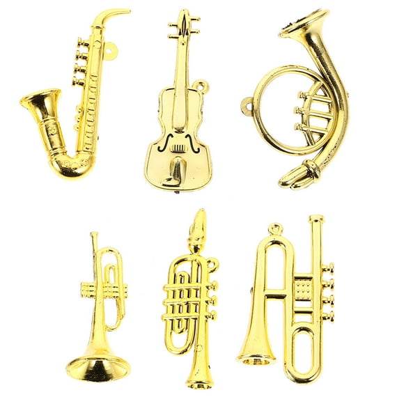 KAKOWELY 6 mini instrumentos musicales de plástico para casa de muñecas, trompeta, saxofón, decoración colgante para árbol de Navidad.