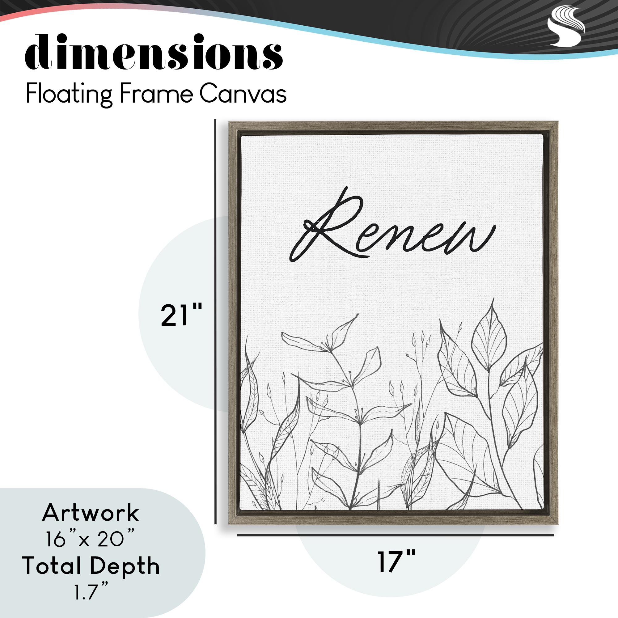 Renew with Leaf Outlines Brown Framed Floater Canvas Wall Art, design by Lettered and Lined