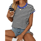 thumbnail image 3 of Camisetas de Mujer Elegantes, Informales, de Corta, con Bloques de Color, A Rayas y Cuello Redondo, Color Azul S, 3 of 8