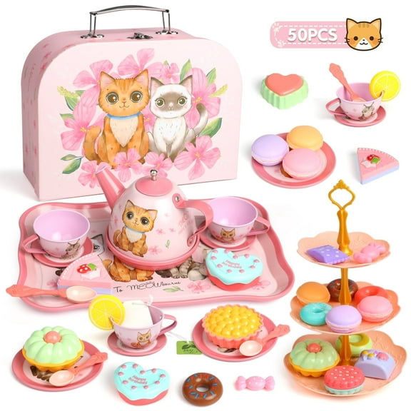 Huge Wave Kids Tea Set for Little Girls, 50PCS Cute Cat Tea Party Set for Girls, Princess Pretend Play Tin Teapot Set, Christmas Gift for Girls Age 3-8 Years