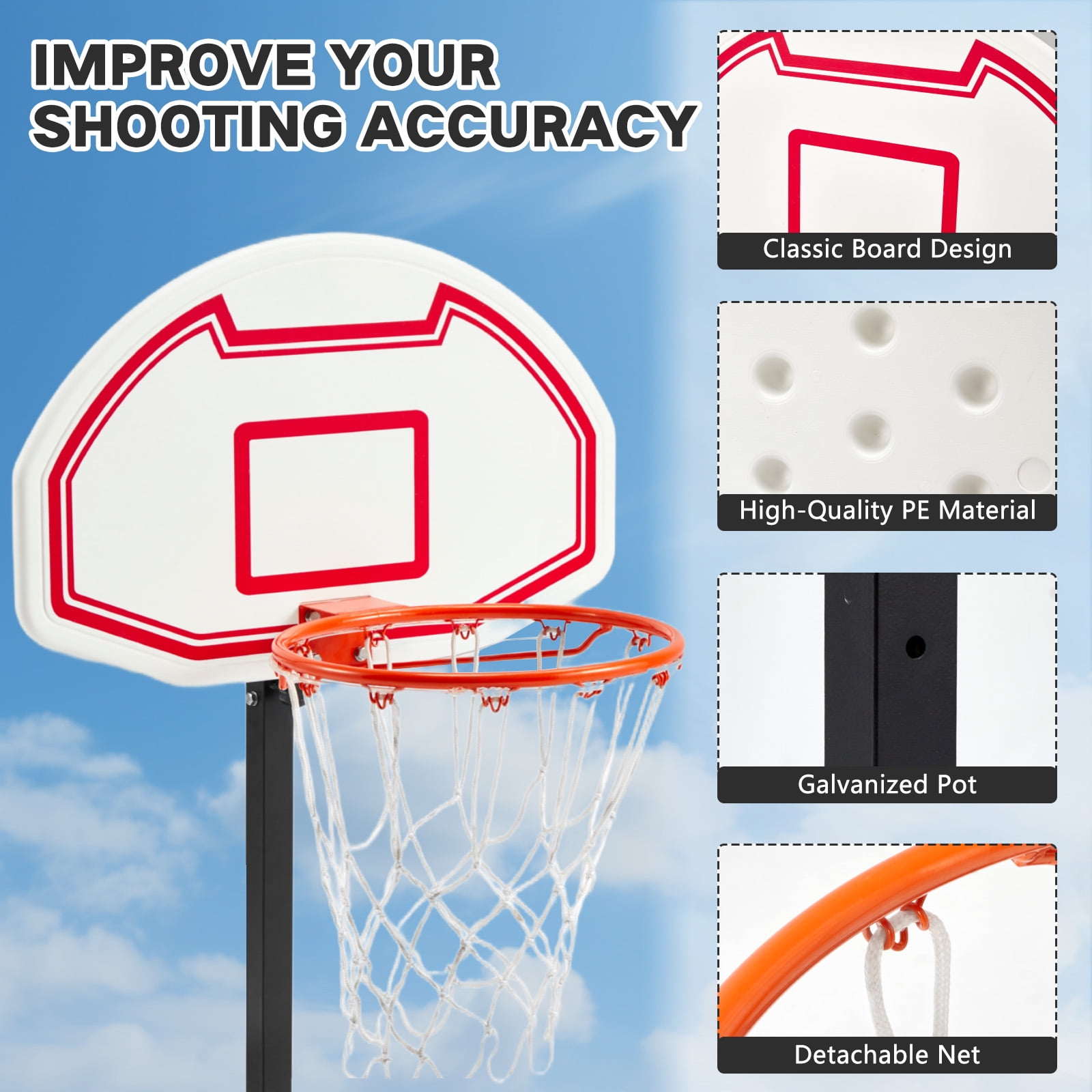 Danrelax 3-4.6 ft LED Pool Basketball Hoop, Poolside Game for Adults & Teens, Red