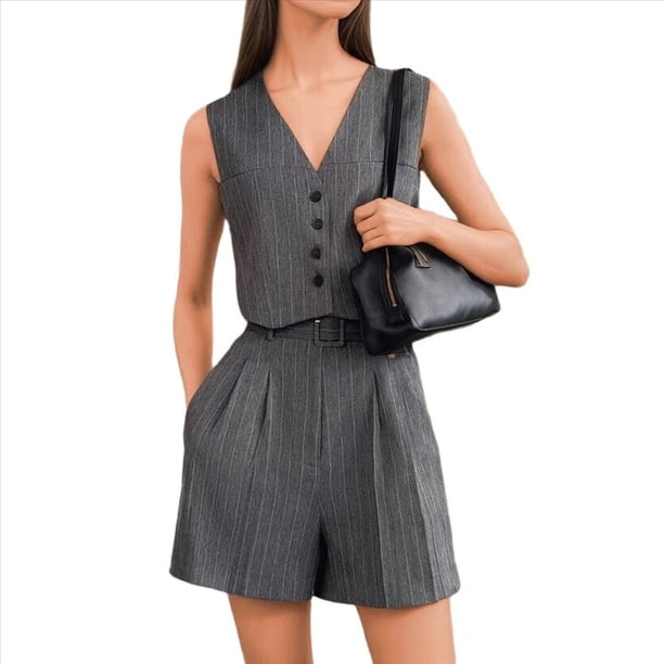 Conjuntos de Dos Piezas para Mujer, Verano 2025, Ropa Informal, Sin Mangas, con Botones, Chaleco y Pantalones Cortos, Conjuntos de Estar por Casa. Gris Oscuro S