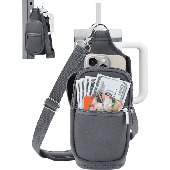 Dark Gray Magnetic Gym Water Bottle Holder with Phone Pockets & Shoulder Strap, Bottle Carrier Sleeve with 5 Strong Magnets, Gym Accessory Organizer for Men and Women