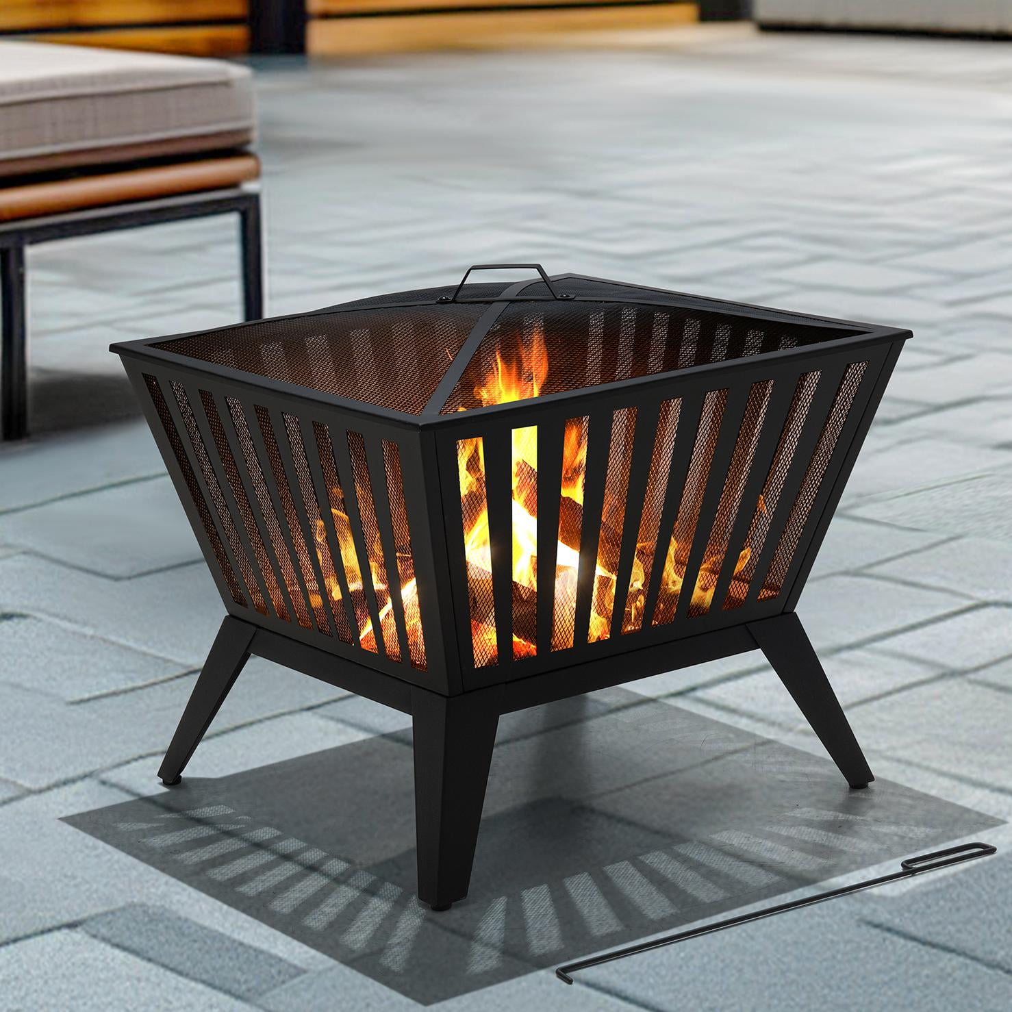 Sunjoy Firepit 28 Inch Wood Burning Fire Pit, Outdoor Black Steel Firepit with Fire Poker and Mesh cover