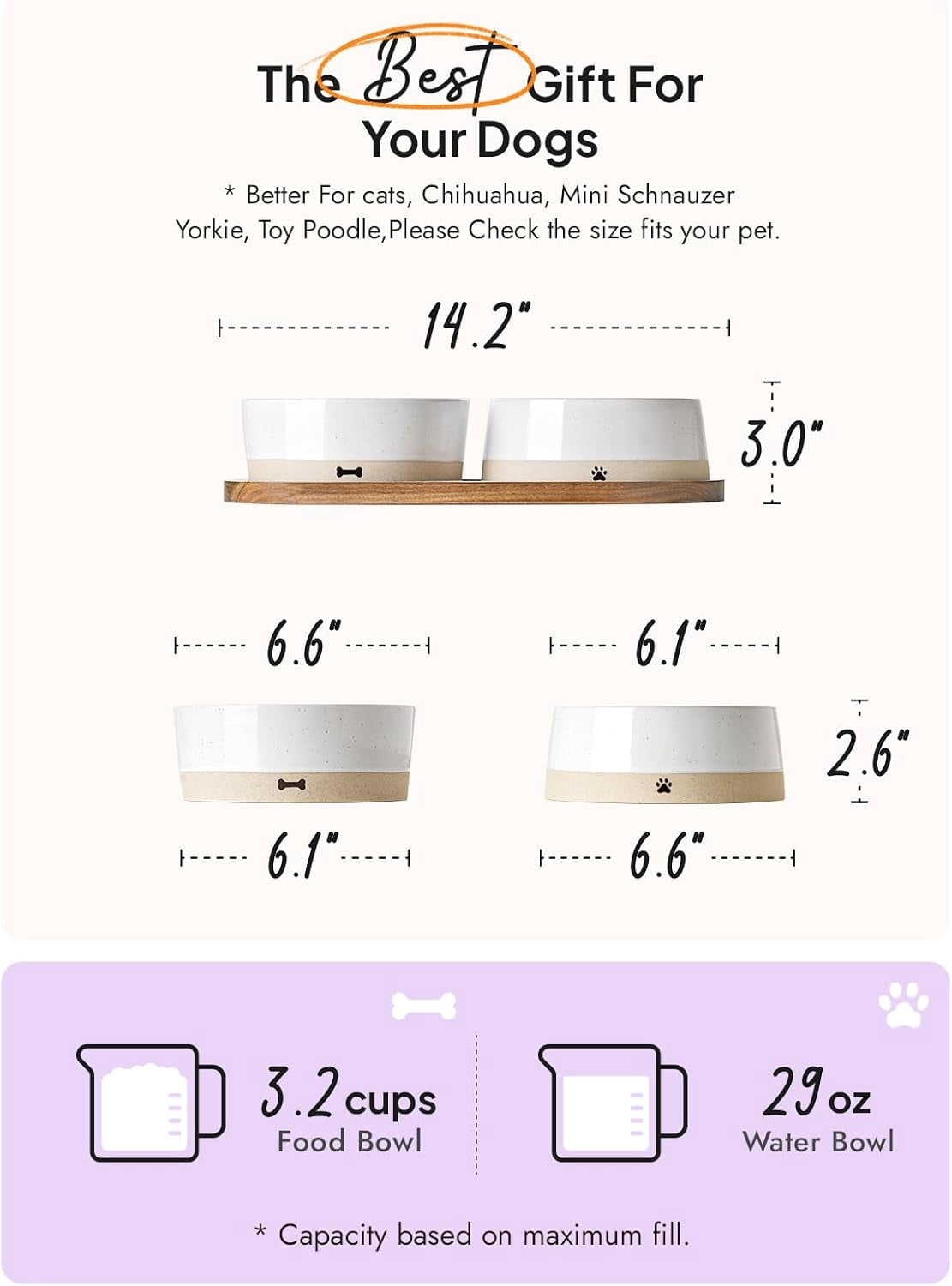 Ceramic Dog Bowls for Medium and Small Dogs - 3.2 Cup Weighted Non-Slip Food and Water Bowls with Acacia Wood Tray, Pet Bowl Set of 2