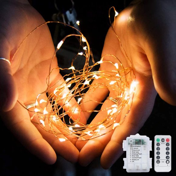 Sowaz 2 Pk Indoor/Outdoor 33FT 100Led Fairy Lights Battery Operated,8 Modes Control Remote Battery Powered Copper Wire Water Resistance Starry Fairy Lights - Warm Color