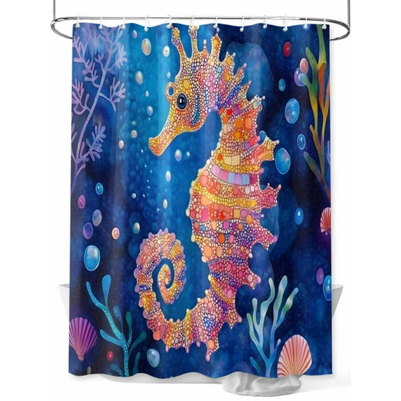 Fsddascl Coastal Seahorse Shower Curtain Set - 66" x 72" Washable Bathtub Curtain with 12 Hooks, Summer Ocean Colorful Coral Shell Waterproof Fabric Stall Shower Curtains for Bathroom/Bathtub Décor