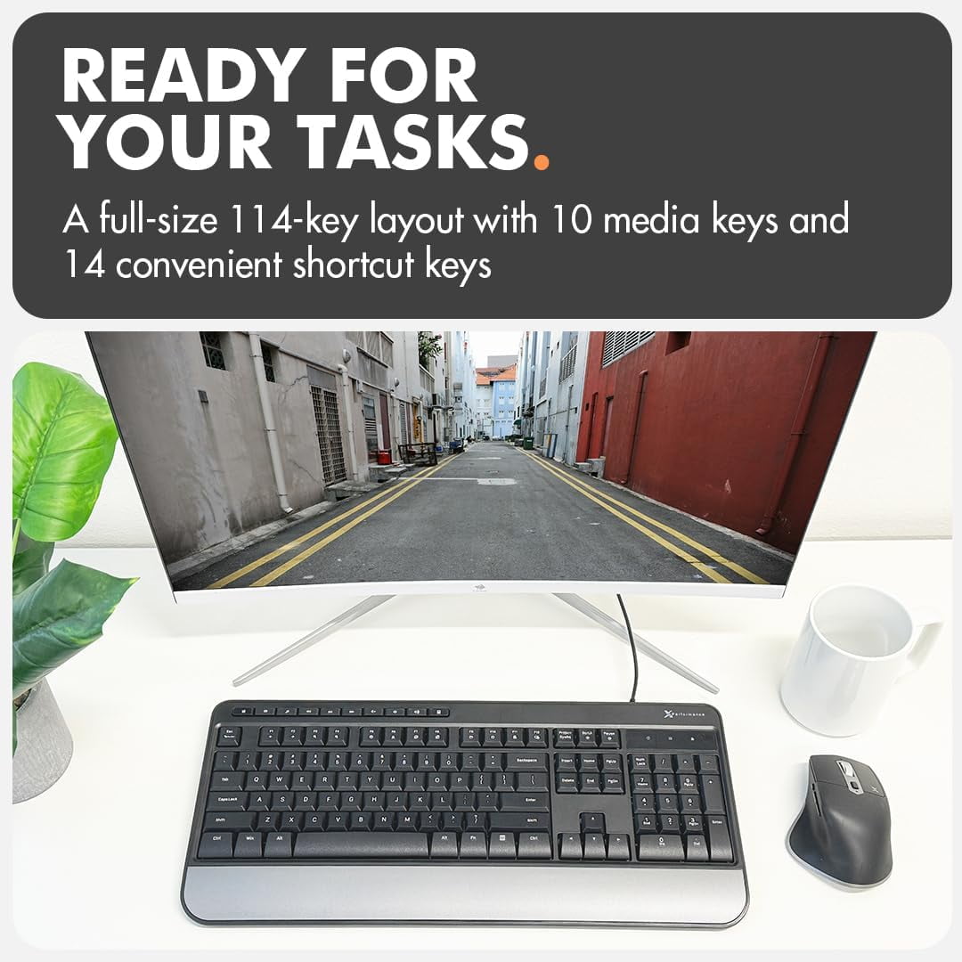 X9 Performance Multimedia USB Ergonomic Keyboard Wired - Take Control of Your Media - Full Size Wired Keyboard with Wrist Rest and 114 Keys - External Wired Computer Keyboard for Laptop and Office PC