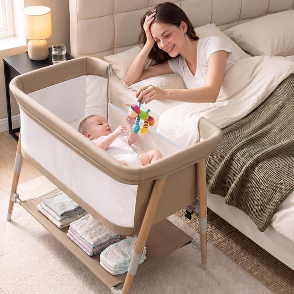 3 in 1 Baby Bedside Bassinet Sleeper for Newborn,Infant Crib with Adjustable 5 Height for Babies Girls Boys Toddlers,Khaki