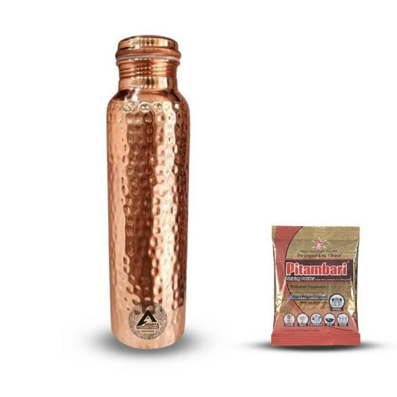Set of 2 Hammered Pure Copper Water Bottle 950 ml With Pitambari For Ayurveda Health Benefits