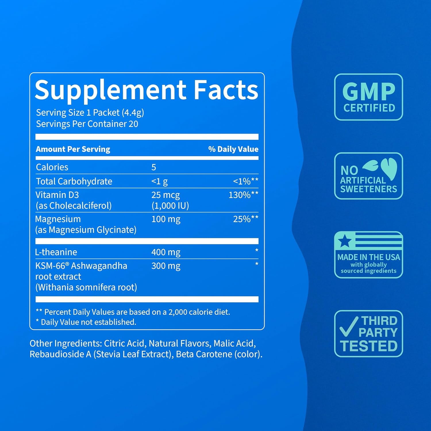 Nello Supercalm Drink Mix - Ashwagandha KSM 66, Magnesium Glycinate & L-Theanine Supplement - Ashwagandha Root Extract - Focus and Relaxation Support (20 Travel Packets) - Tropical Tangerine
