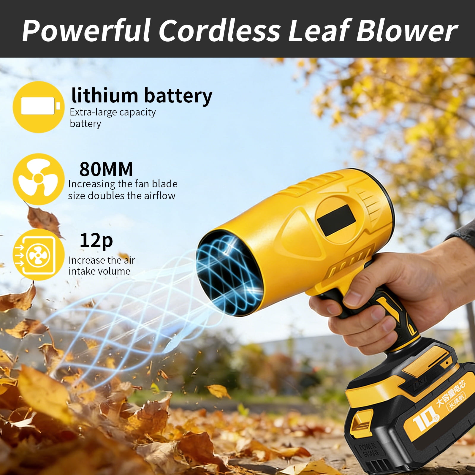 21V Battery Powered Cordless Leaf Blower, Lightweight Design, Push-to-Lock Attachment, Large Turbine Fan