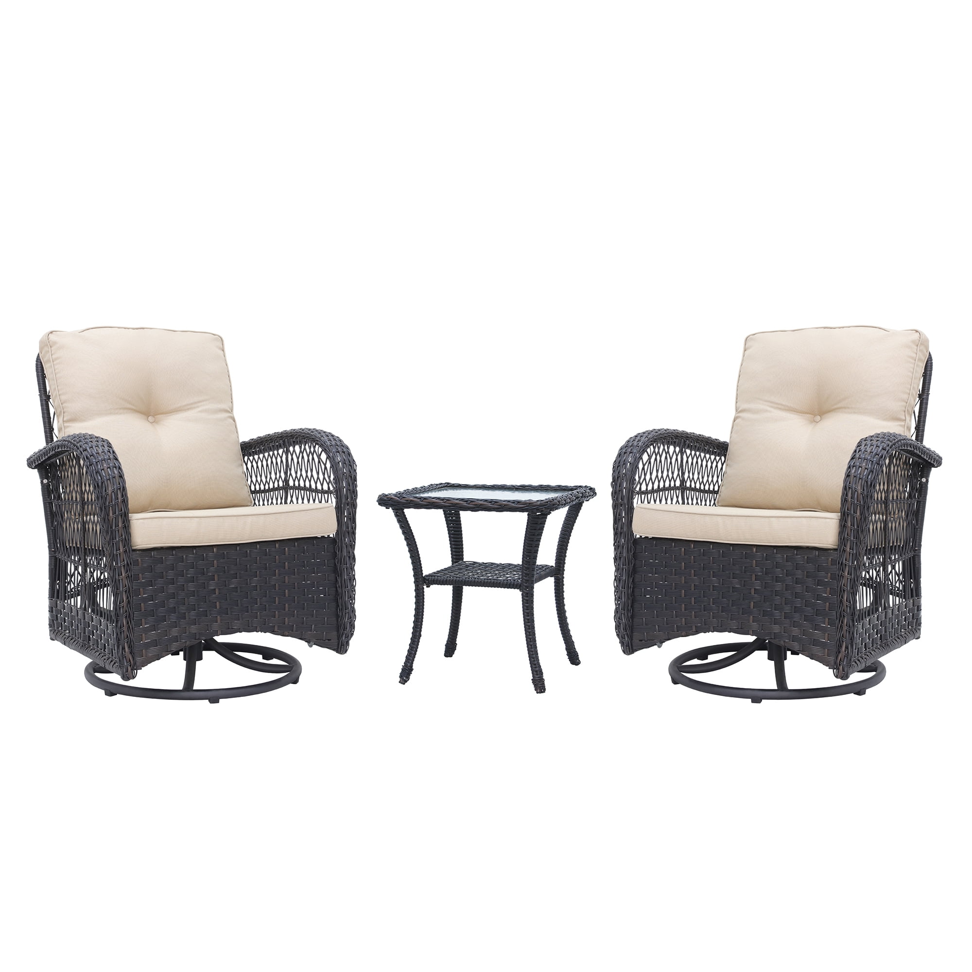 Abble 3 Pieces Patio Furniture Set, Swivel Rocking Outdoor Patio Conversation Set Wicker Rattan Seating Group Set with Beige Cushions, Dark Brown
