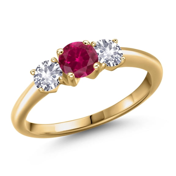 Gem Stone King 18K Yellow Gold Plated Silver Red Created Ruby and White Created Sapphire Engagement Ring for Women | 1.10 Cttw | Round 5MM | Gemstone July Birthstone | Size 6