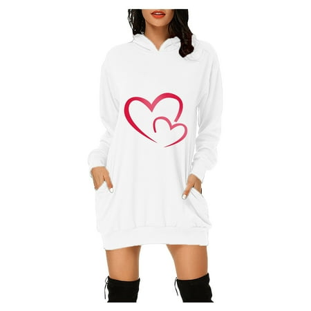 

Tangnade Valentines Clothing Womens Valentines Day Heart Print Hooded Hip Pocket Dress