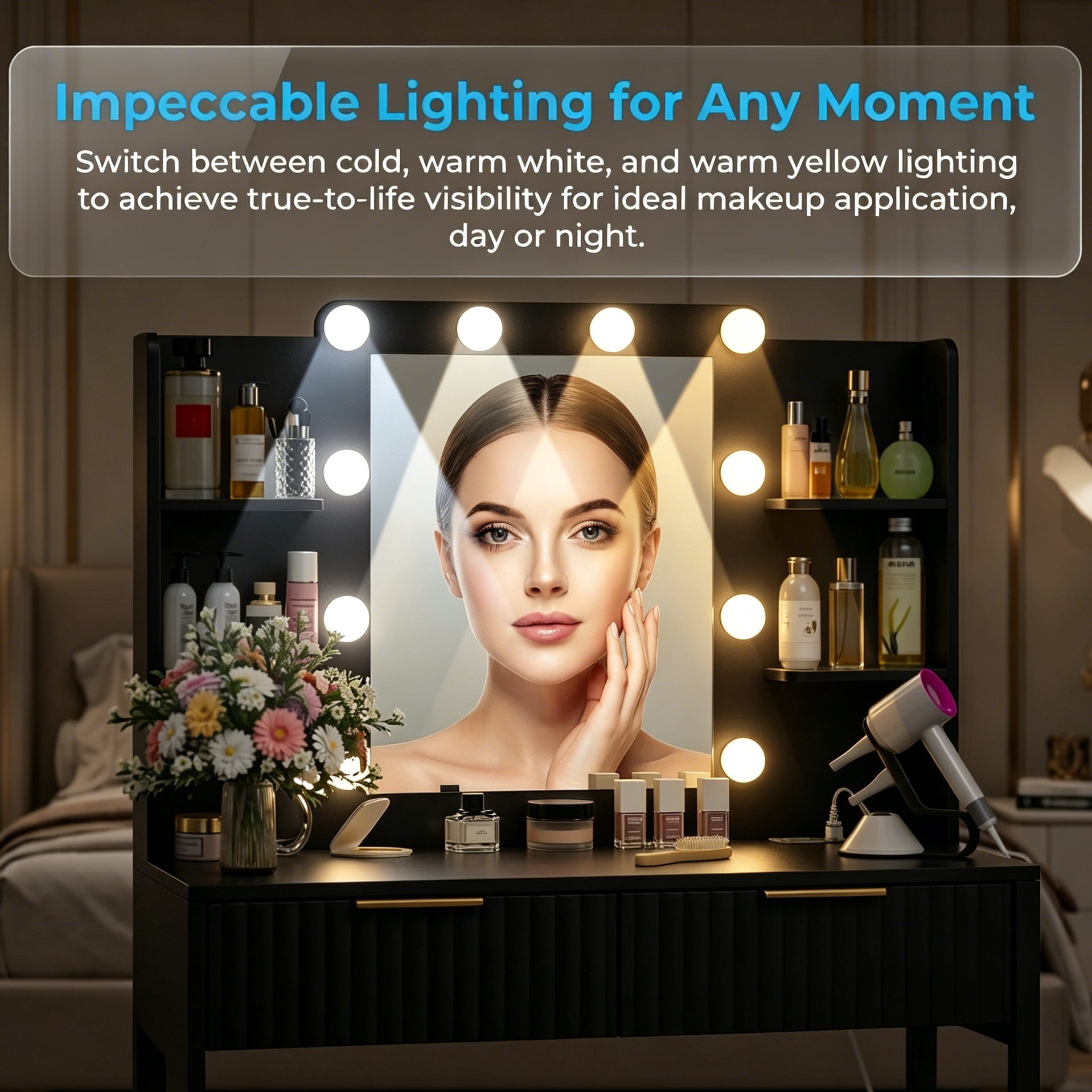 Zimtown Modern Makeup Vanity Table Set with LED Lights , Mirror and Charging Station, Dressing Desk with 2 Drawers for Bedroom, Black