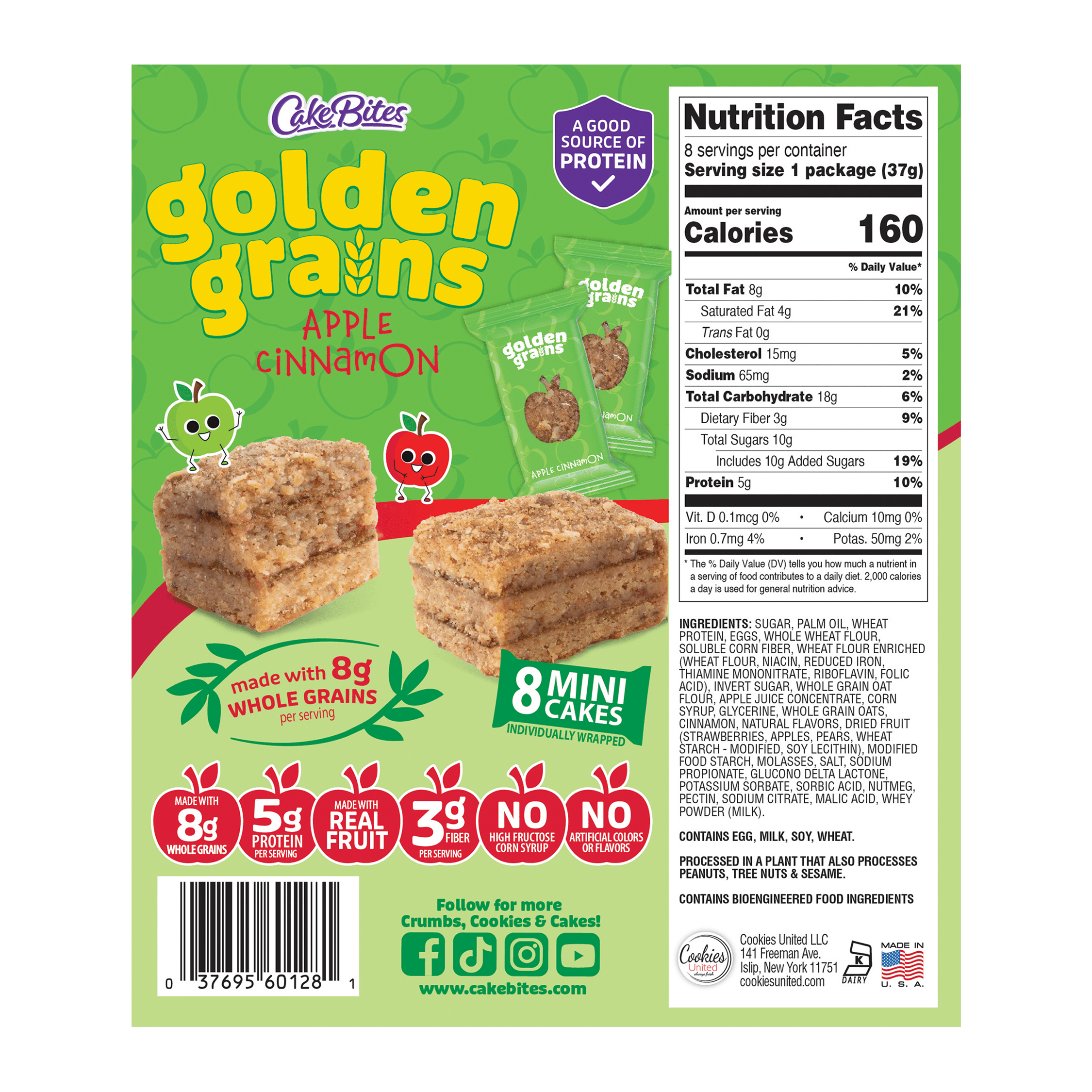 (3 pack) Cookies United Golden Grains Apple Cinnamon, 8 Mini Cake bites, 10.4oz, Shelf Stable