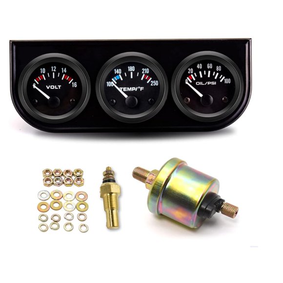 Triple Gauge Kit, 52mm 3 in 1 Car Auto Gauge Kit (Voltmeter + Water Gauge + Oil Press Gauge), Triple Auto Dashboard Gauge Set with Black Console for 12V Cars