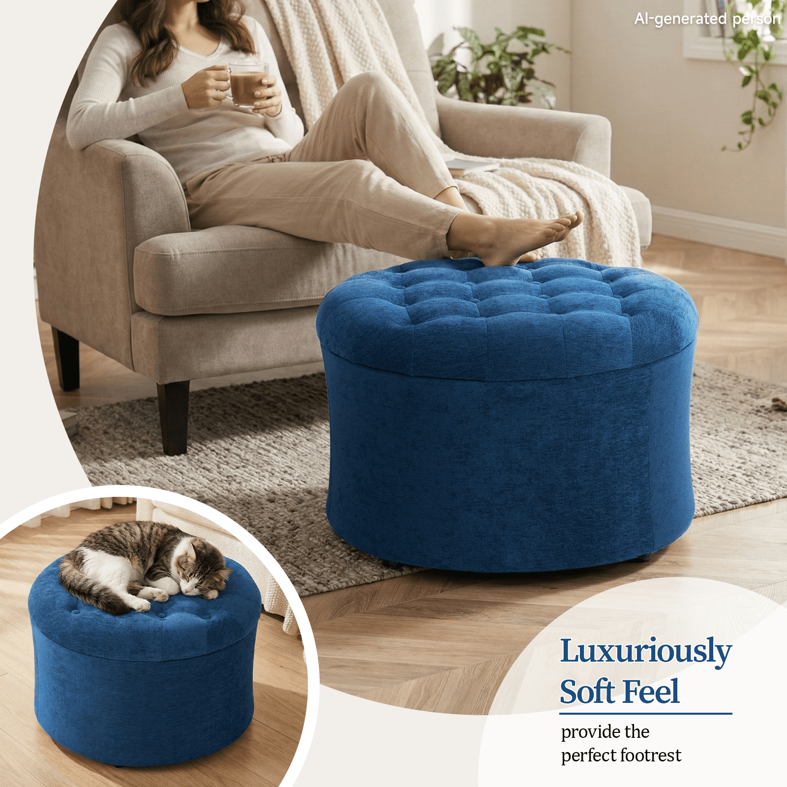 Dovov 25" Tufted Round Ottoman with Storage, Large Storage Ottoman Footrest Flip Top Foot Stool, 220lbs Capacity, Blue