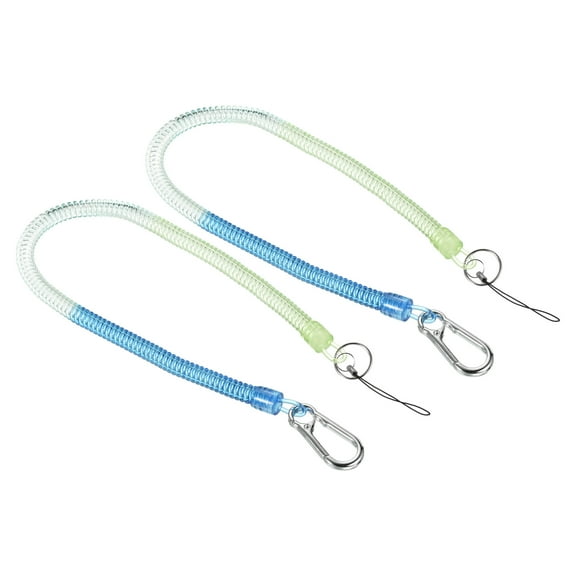 Uxcell Retractable Coil Spring Keychain Clasp with Big Key Ring 480mm, 2 Pack Plastic Spiral Stretchy Cord, Blue Green