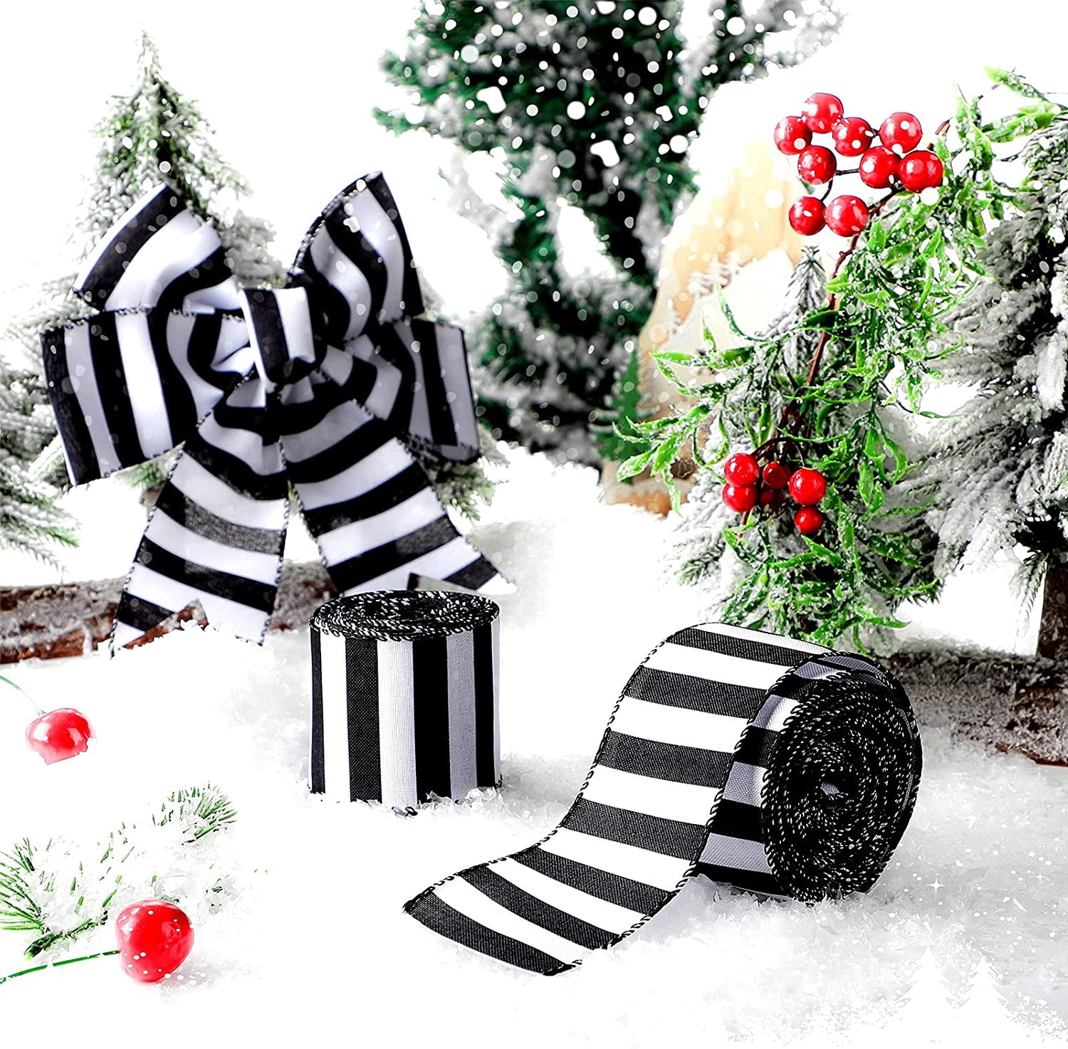 ABPETE 20 Yards 2 Rolls Black and White Ribbon Horizontal Striped Decorative Garland Ribbons Spiral Wired Ribbon for Christmas Tree Decor Xmas Wrapping DIY Crafts Decoration(Stripe,2.5 Inch Wide)
