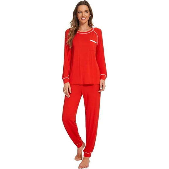 WiWi Bamboo Viscose Womens Pajamas Set Comfy Sleepwear 2 Piece Long SleeveTop with Jogger Pants Lounge Sets S-XXL Red, X-Large