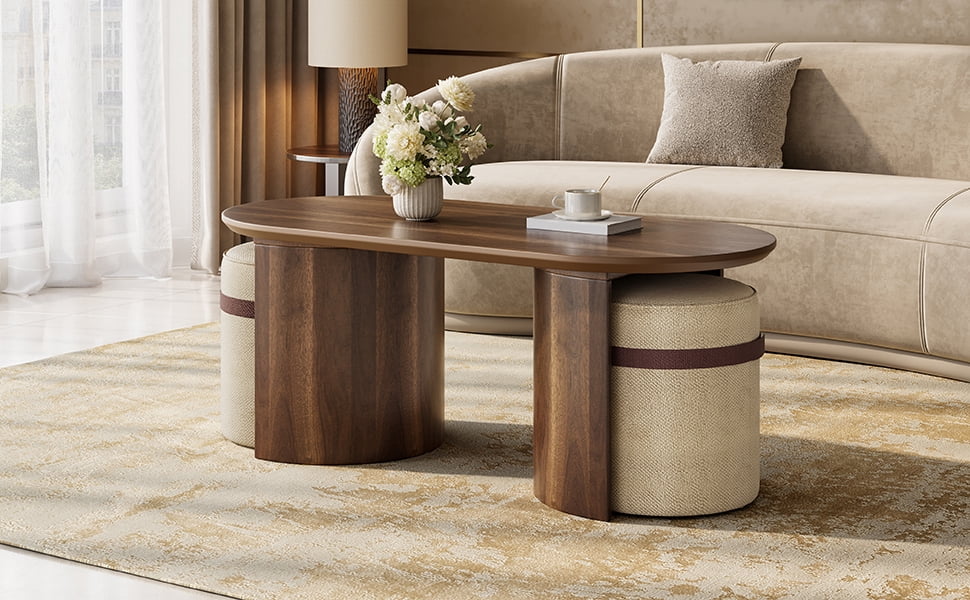 Mintazer Oval Coffee Table Set with 2 Nesting Fabric Stools, Coffee Table with Curved Legs for Small Apartment Living Room, Walnut