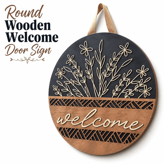 MORAVE 3D Rustic Round Wood Welcome Sign Wreaths, Modern Farmhouse Wall Hanging Decor, All Seasons Holiday Outdoor Porch Fence Decorations for Spring Summer Fall, House Warming Gifts New Home