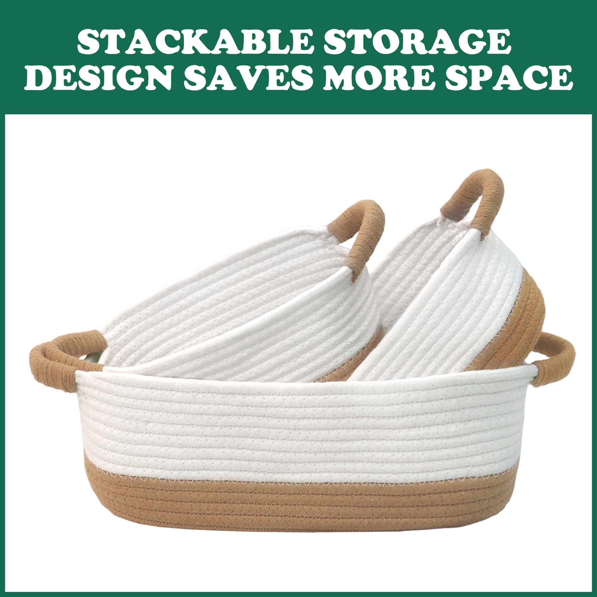 Caroeas 3-Piece Small Cotton Rope Basket, Woven Storage Basket Set, Nesting Bins for Organizing Shelves, Baby, Nursery, Toy Storage, Montessori, White and Brown
