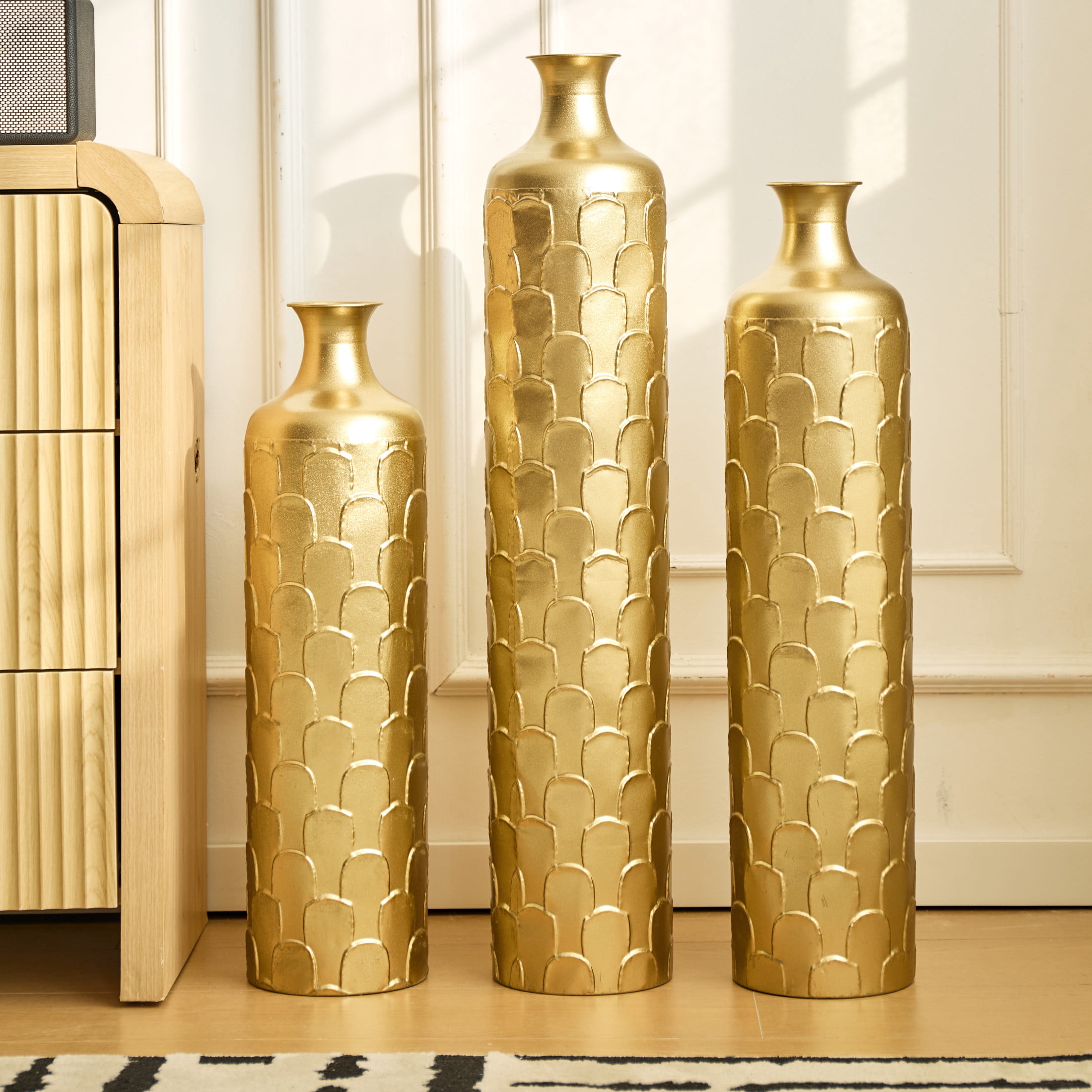 Noble House 25.2", 29.33", 34.25" Metal Floor Vase Set of 3, Geometric Textured Vases, Gold