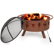 Magshion 32" Round Outdoor Fire Pit, Wood Burning Table Top Fire Bowl Pit with Maple Leaves Pattern, Poker & Spark Screen for Patio Backyard, Brown