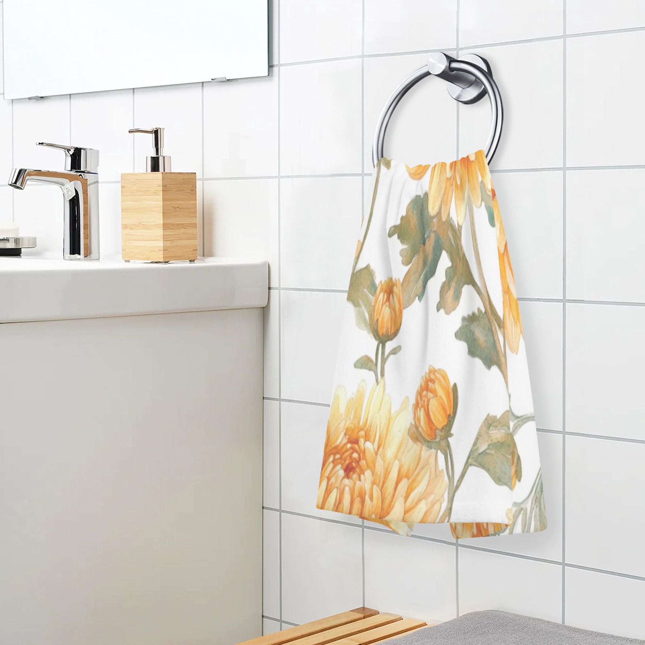 Cotton Towel Two-Piece 16x28 Inch One Sizex2 Face Towel Set Towel Set Cotton Hand Bath Towel Bathroom Beach Chrysanthemums Yellow