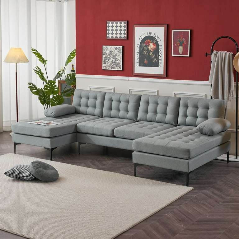 Ktaxon U-Shaped Sectional Sofa, 4 Seats, Tufted Linen Fabric