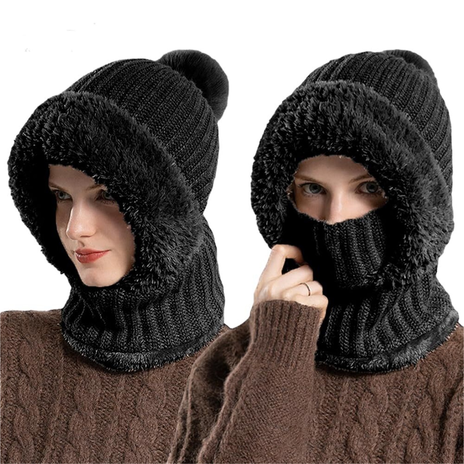 3 in 1 Beanie Hat for Women, Winter Warm Knitted Balaclava Scarf with Face Cover, Windproof Fleece Lined Ski Snow Hat