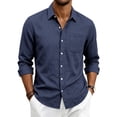 thumbnail image 2 of Dwelliawo Men's Linen Shirts Casual Button Down Long Sleeve Shirt Solid Spread Collar Summer Beach Shirts with Pocket Navy XL, 2 of 5